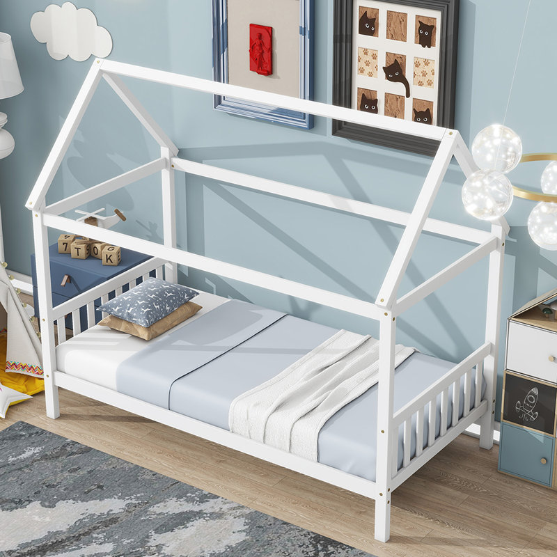Lit maison avec tête et pied de lit, Blanc
