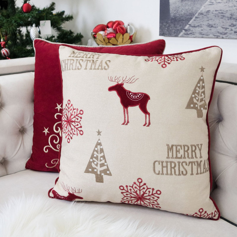 Coussin décoratif en lin brodé Merry Christmas