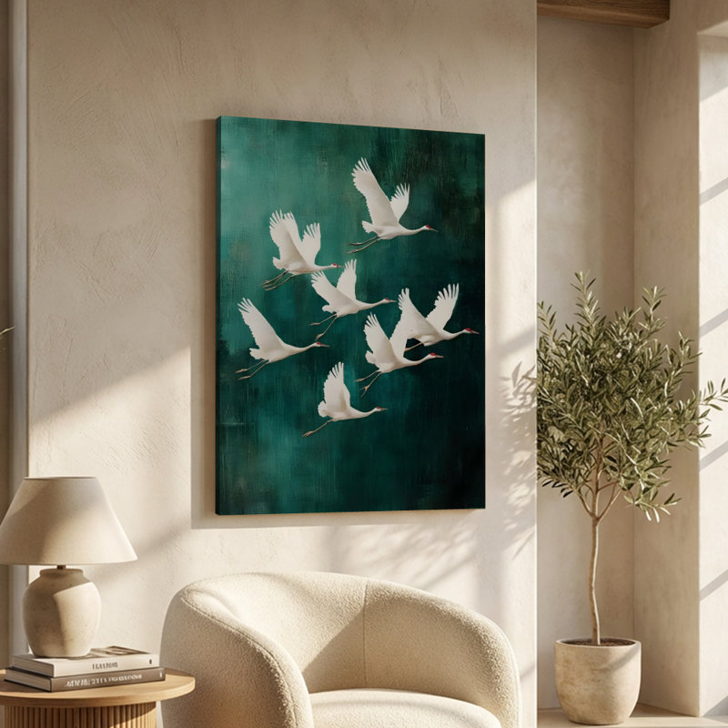 Grues blanches éthérées en vol, fond bleu sarcelle, peinture à l'huile sur toile tendue - H 36 po x l 24 po