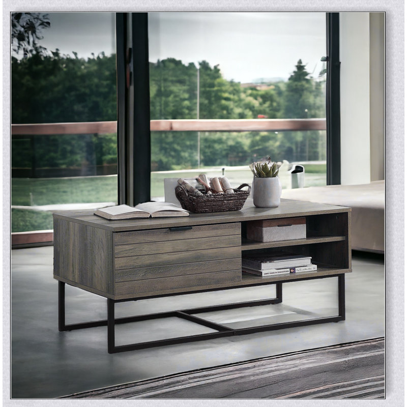 Table basse Homare en chêne rustique et finition noire avec rangement et tablette réglable pour les salons modernes