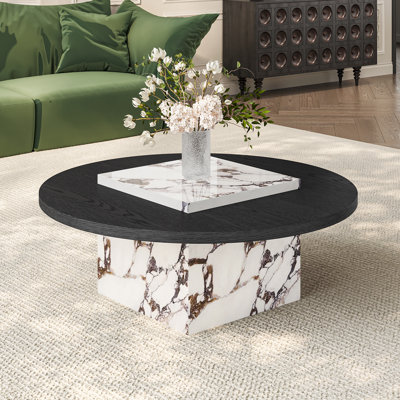 35.43" Modern Round Coffee Table, Solid Wood & Faux Marble for Living Room