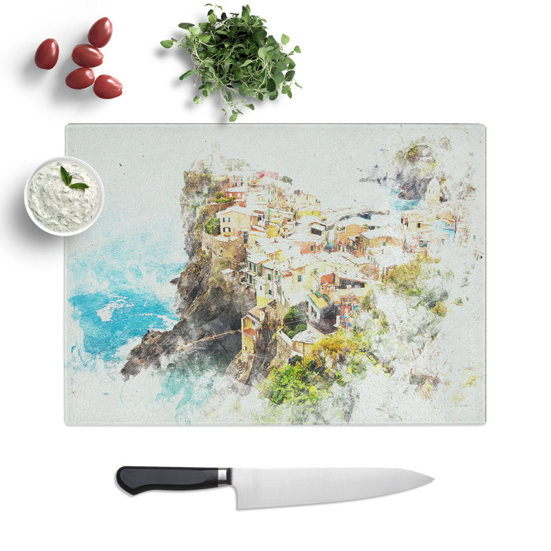 Tempered Glass View of Cinque Terre in Italy Watercolour Chopping Board, 20 cm x 28.5 cm