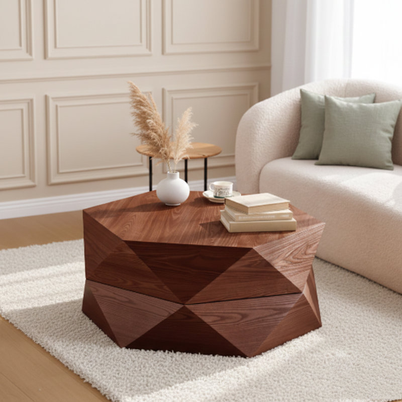 Table basse 36,61 po style rétro Polygon, table basse cylindrique en placage de bois massif, Brun-roux
