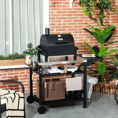 Portable Outdoor Serving Cart, 46" X 21.75", Stainless Steel, Foldable Side Table, , Black Food Display