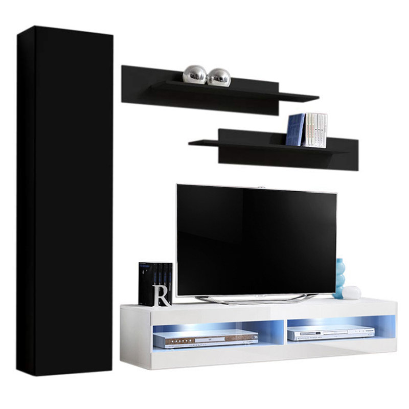 85" Modern Floating Wall Mounted Entertainment Center with 16-Color LED Lighting, High Gloss Finish, Black/White