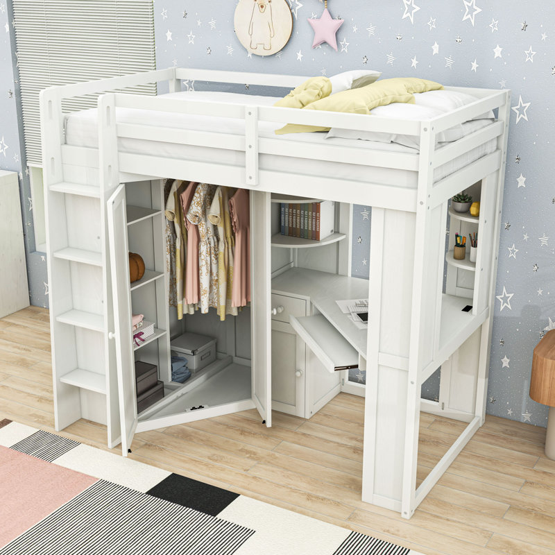 Lit mezzanine simple avec garde-robe intégrée, bureau, tablettes et station de charge, Blanc beige