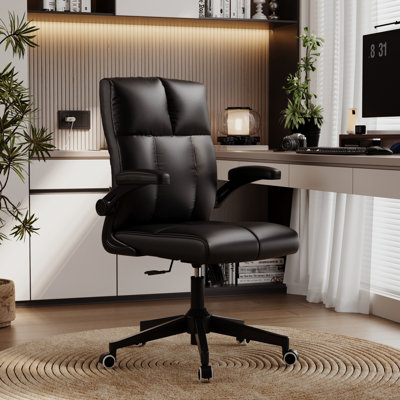 Mid-Back Ergonomic Office Chair,Cloud-Like PU Leather Executive Office Chair,  With Ergonomic Back Support, 360°Swivel Free,Flip-Up Armrests & Height Adjustment,With Silent Rolling Swivel PU Wheel For Home Office
