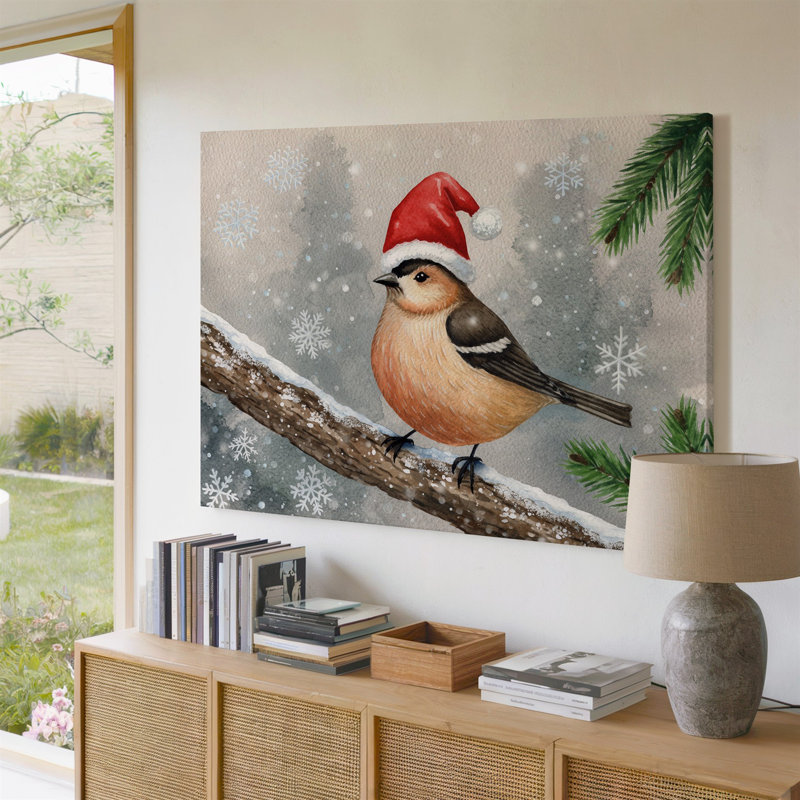 Toile, une charmante scène d'hiver avec un petit oiseau dodu perché sur une branche recouverte de neige ornée d'une toile rouge vif