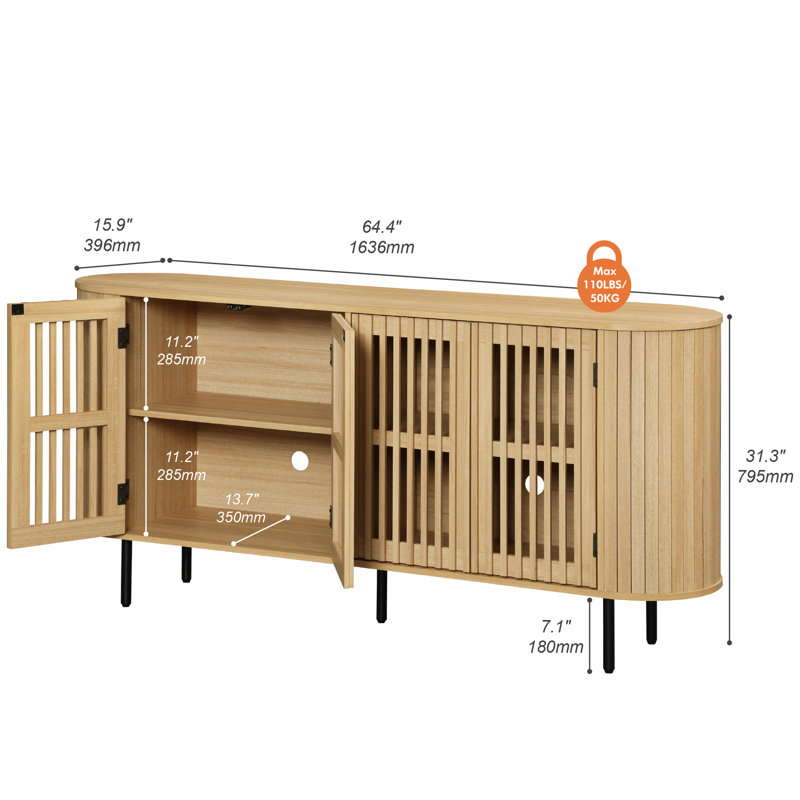 64" Mid-Century Modern Tv Stand  For 90 Inch Tv, Oak Wood