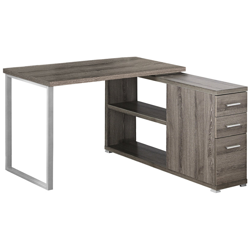 Bureau d'ordinateur en forme de L pour bureau à domicile, espaces de rangement, bureau moderne en stratifié brun et métal gris, options, taupe