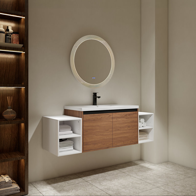 Meuble-lavabo mural avec lavabo en résine, deux tablettes de rangement et portes à fermeture en douceur, 60"