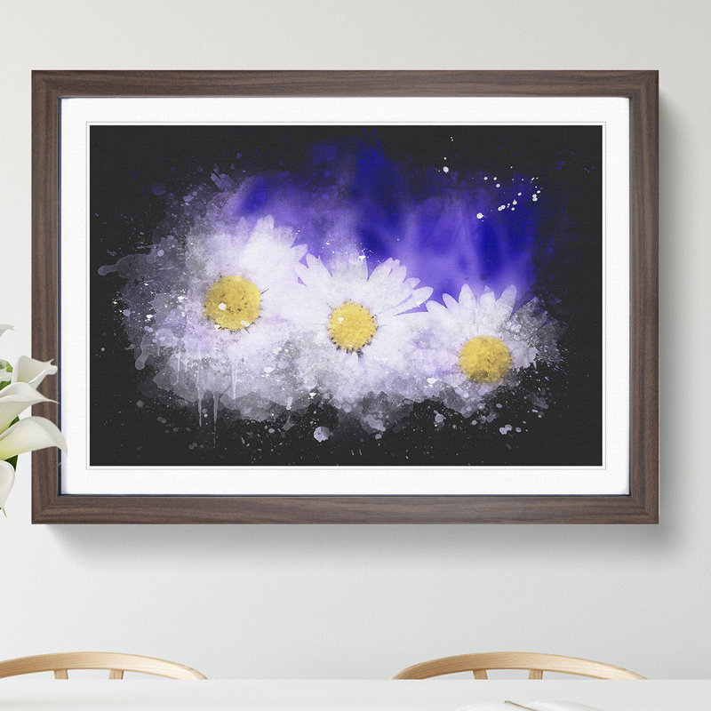 Three White Daisies Paint Splash - Picture Frame Graphic Art, 27cm H x 36cm W x 2cm D, Walnut