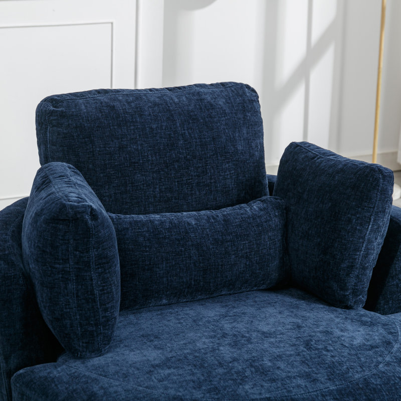 Navy Chenille Swivel Barrel Chair with Ottoman