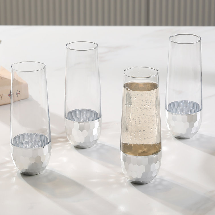 Modern Stemless Wine Flute Glasses w/ Hammered Brass Plated Design, Set of 4