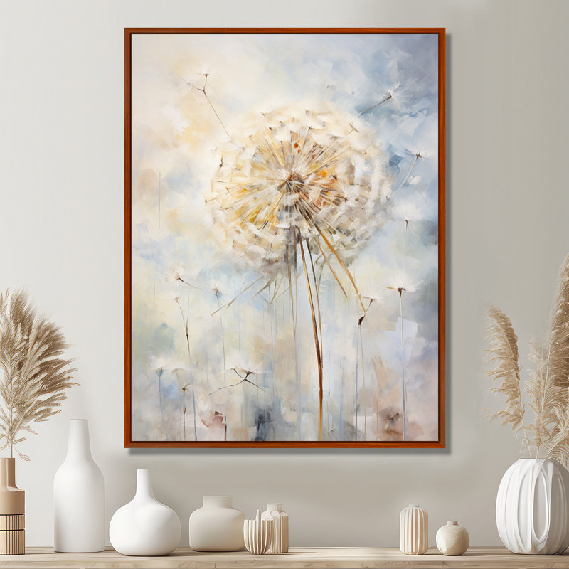 Dandelion Charm in Winter I - Pissenlit, art mural, 20" H x 12" W, Cadre flottant brun
