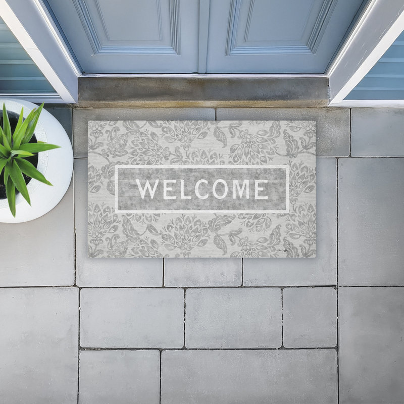 Tapis de porte extérieur délavé à motif floral Welcome, par Tim Coffey, 18 po x 30 po, Fleurs ornées délavées - bienvenue