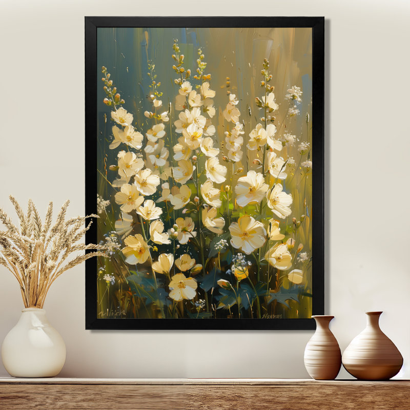 Blanc, vert, petite fleur, lupin, art mural, salon, H 32 po x l 24 po x P 1 po, Toile encadrée noire simple