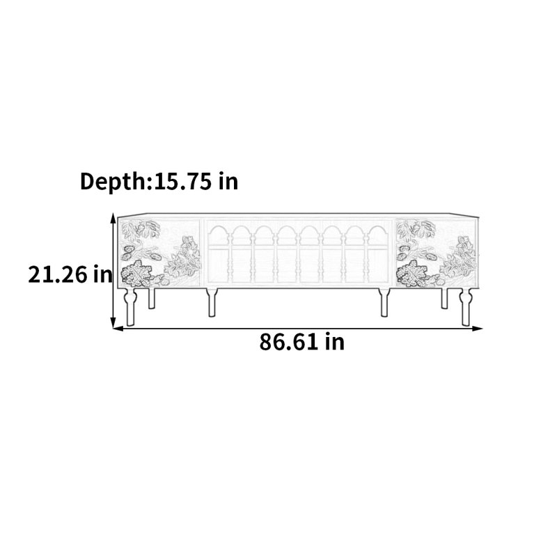 Meuble télé avec rangement peint français rétro, H 21,26 po x L 86,61 po x l 15,75 po, Blanc
