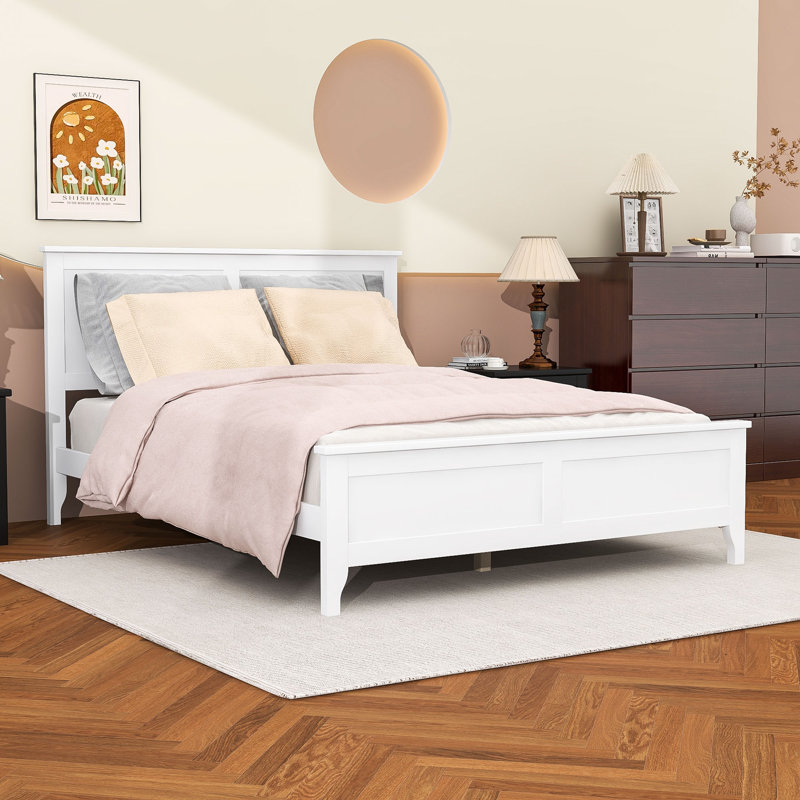 Wooden Platform Bed with Headboard, Full, White