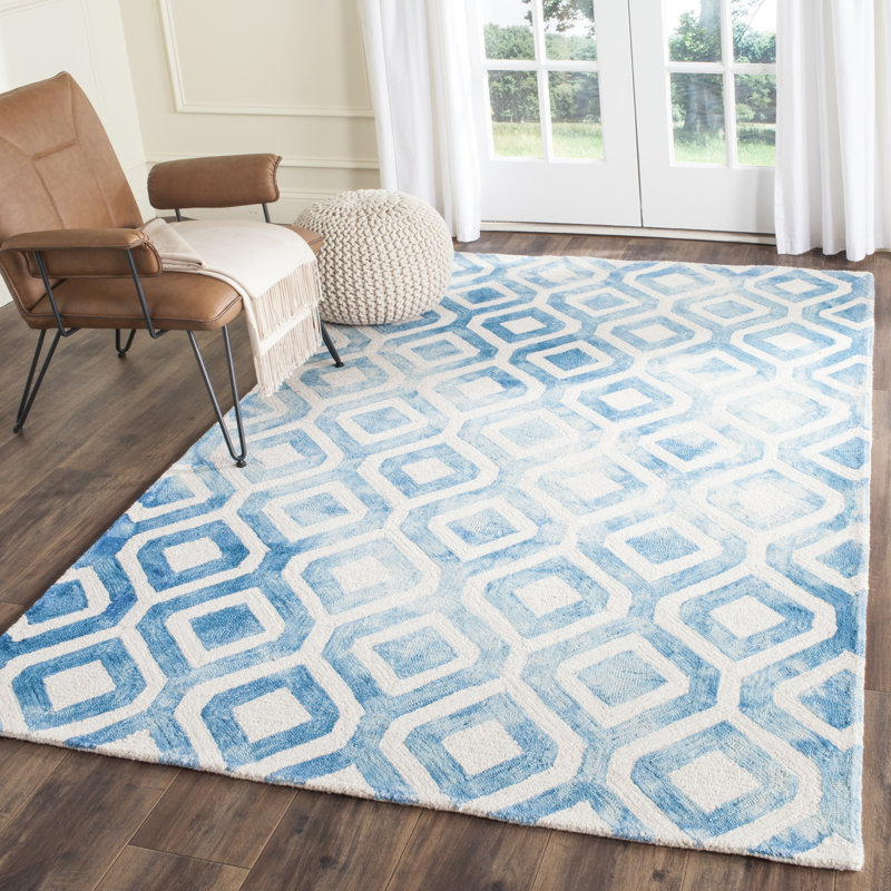 Bryauna Hand Tufted Wool/Cotton Geometric Rug in Ivory/Blue, Rectangle 3' x 5'