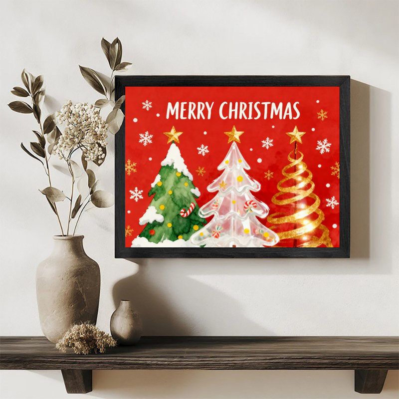Aquarelle encadrée noire, pin de Noël rétro, aquarelle murale, H 13 po x l 17 po