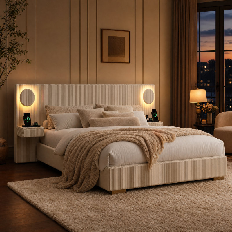 Lit plateforme tapissier en velours côtelé moderne avec lumières DEL circulaires, ports USB et tiroirs de rangement latéraux