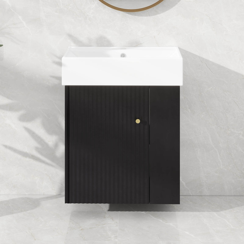 21.6" Wall-Mount Bathroom Vanity With Ceramic Basin, Wooden Floating Undermount Storage Cabinet With 2-Layer Racks, Right Side Storage Design