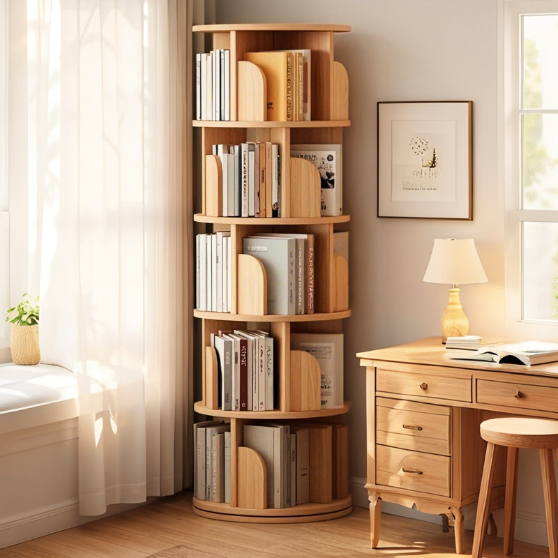 Bibliothèque rotative 5 niveaux 360 ° avec bord incurvé, déflecteur enveloppant et grand espace de rangement pour les petits espaces dans la chambre à coucher, le bureau, la base en bois double couche à affichage couleur, utilisation multifonctionnelle à bord stable