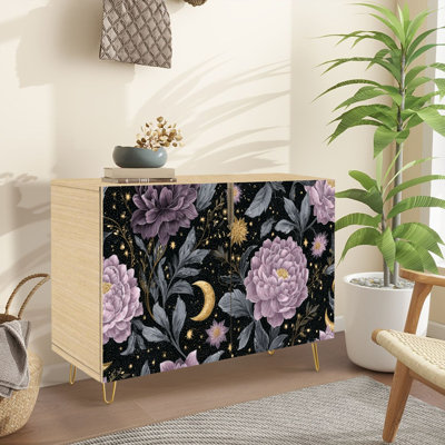 Buffet Buffet avec rangement Textile aquarelle encre à motif floral avec 2 portes pour le salon et la cuisine