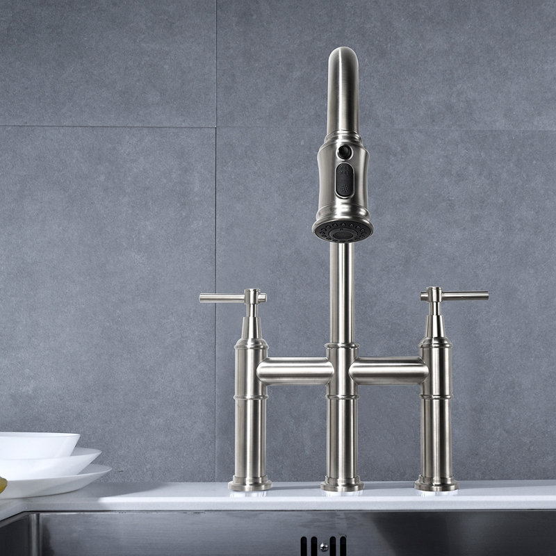 Robinet de cuisine Bridge avec douchette extractible encastrée, Nickel brossé