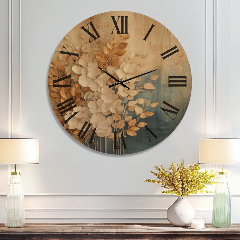 Horloge murale en bois glamour Ivory Blossoms et feuilles dorées, Extra Large