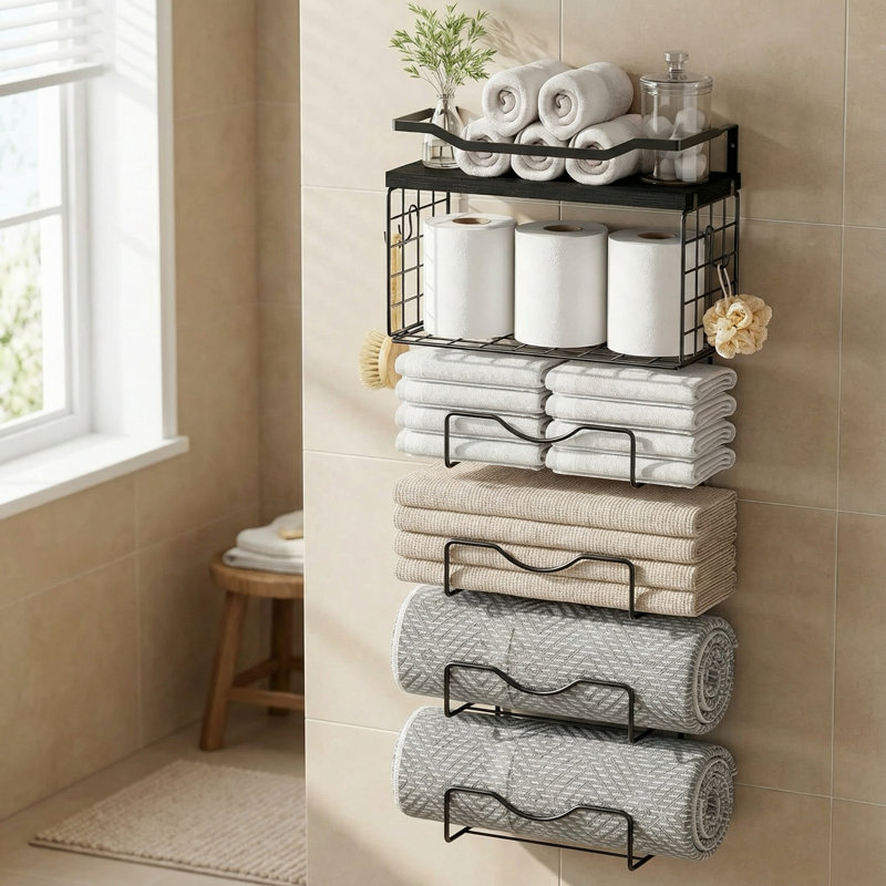 Wall Mounted Towel Rack with 6 Cotton Towels, Metal Rolled Towel Holder and Luxury 16x28 Inch Bath Hand Towels for Modern Bathroom