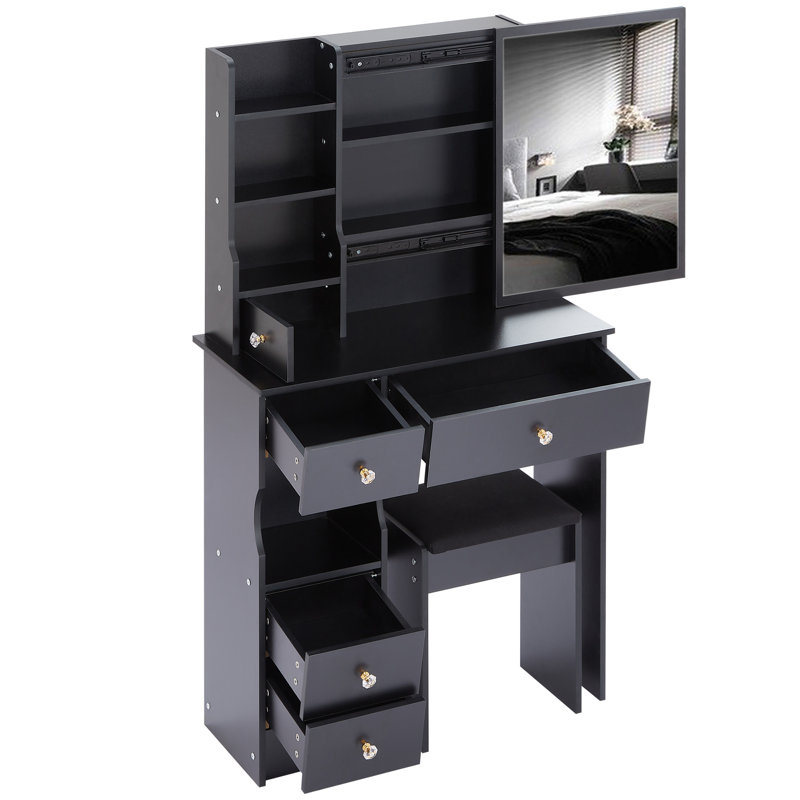 29.2" Small Space Left Drawer Desktop Vanity Table + Cushioned Stool, Extra Large Right Sliding Mirror, Multi Layer High Capacity Storage, Practical Fashionable Dresser, Suitable For Small Space