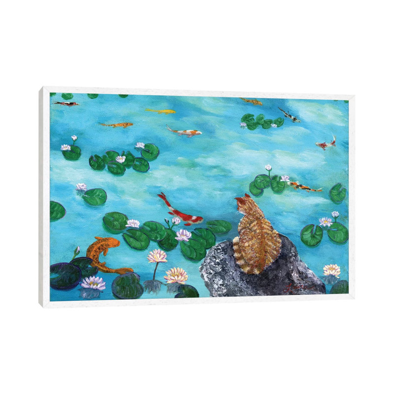Orange Cat at Koi Pond 1 Piece Painting on Canvas, 45.72cm H x 66.04cm W x 3.81cm D, White Floater Framed
