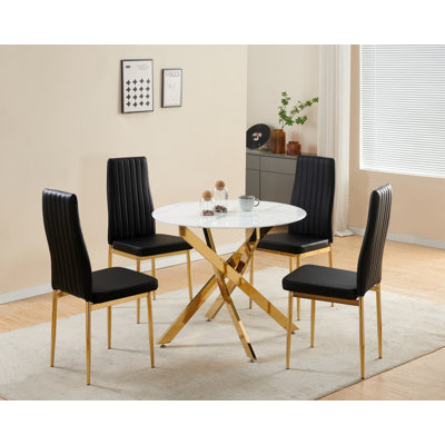 Auric Round Dining Table with 4 Glitz Faux Leather Chairs (Set of 5)