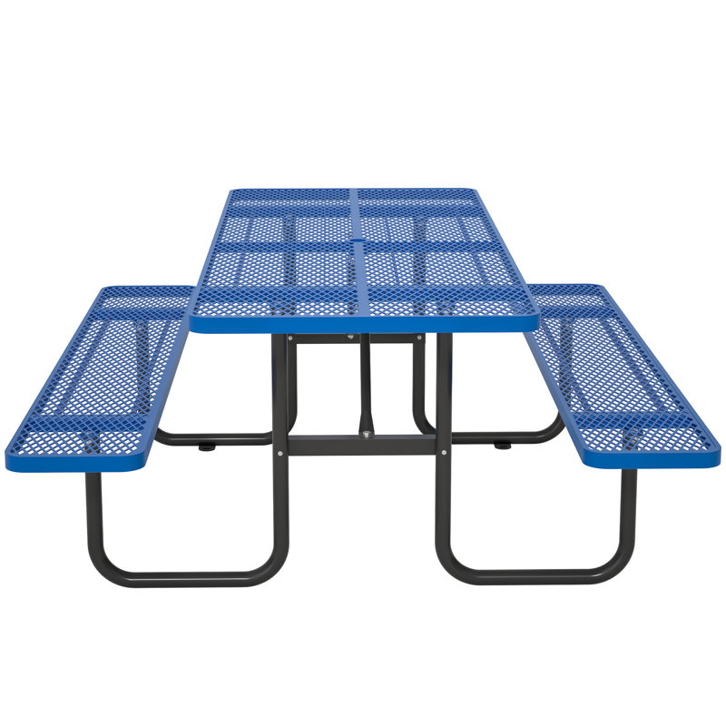 Metal Picnic Tables for Outdoors with Umbrella Hole - Coated Steel Heavy Duty Commercial Grade Table, Blue
