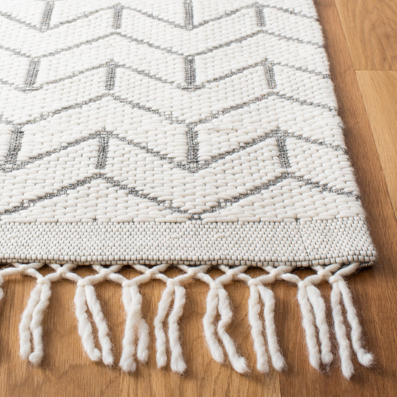Aloin Hand Loomed Nz Wool/Cotton Geometric Rug in Ivory, Rectangle 6' x 9'
