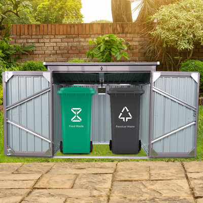 Metal Outdoor Garbage Bin Shed For 2 Trash Cans With Sloped Roof，stainless Galvanized Steel Grey