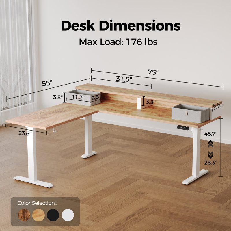Bureau debout électrique en forme de L de 75 po avec 2 tiroirs, bureau ergonomique à hauteur réglable en coin, table d'ordinateur avec rangement pour la maison et le bureau