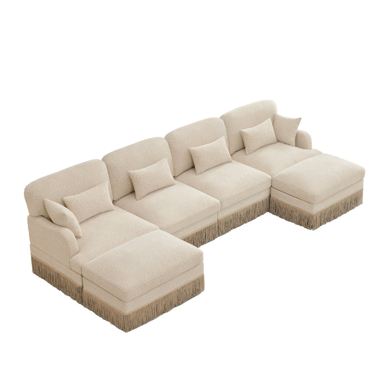Canapé modulaire en forme de U de 131 po avec chenille léopard, assise profonde et bordure à pampilles, beige