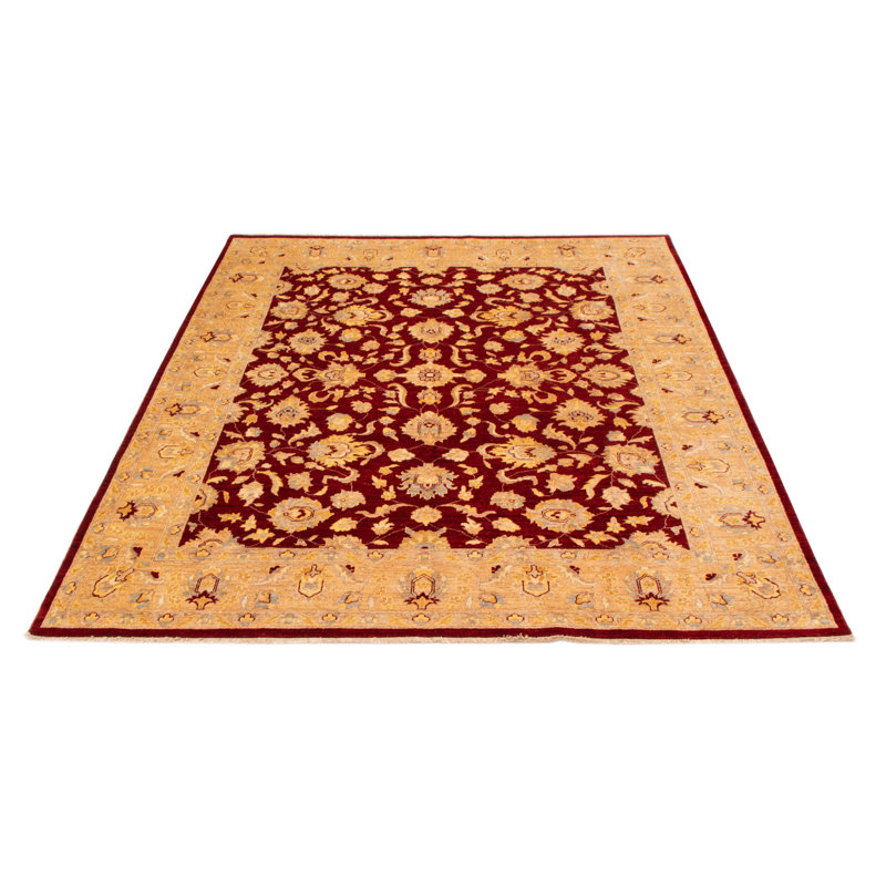 Tapis rouge foncé en laine noué à la main de conception unique 8 pi 1 po x 9 pi 6 po Chobi Finest