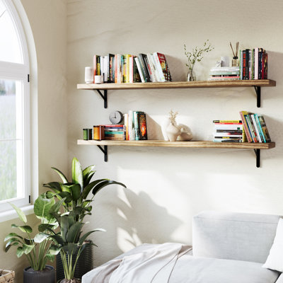 60" X 9.25" Wall Bookshelf For Room Decor, Floating Bookshelf For Living Room & Home Organization, Rustic Shelf, Wall Mounted, 1.5" Ultra Thick Real Wood Board, Hanging Shelf, Burnt