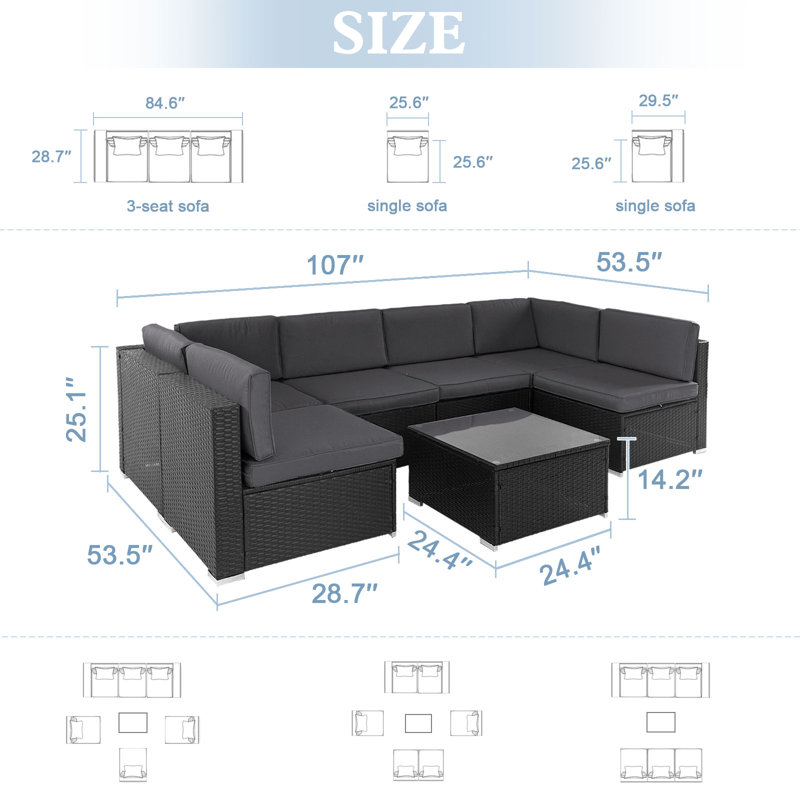 Ensemble de conversation d'extérieur pour 6 personnes avec coussins, Noir, gris