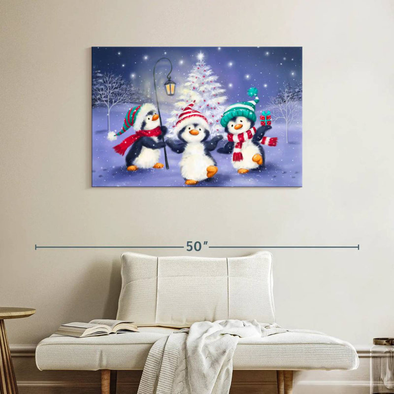 Three Penguins With Christmas Tree, 26" H x 39" W