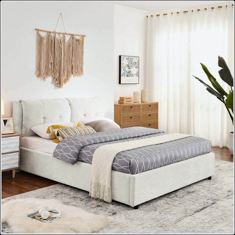 Lit plateforme tapissier avec rangement et tissu chenille, Grand lit, Beige