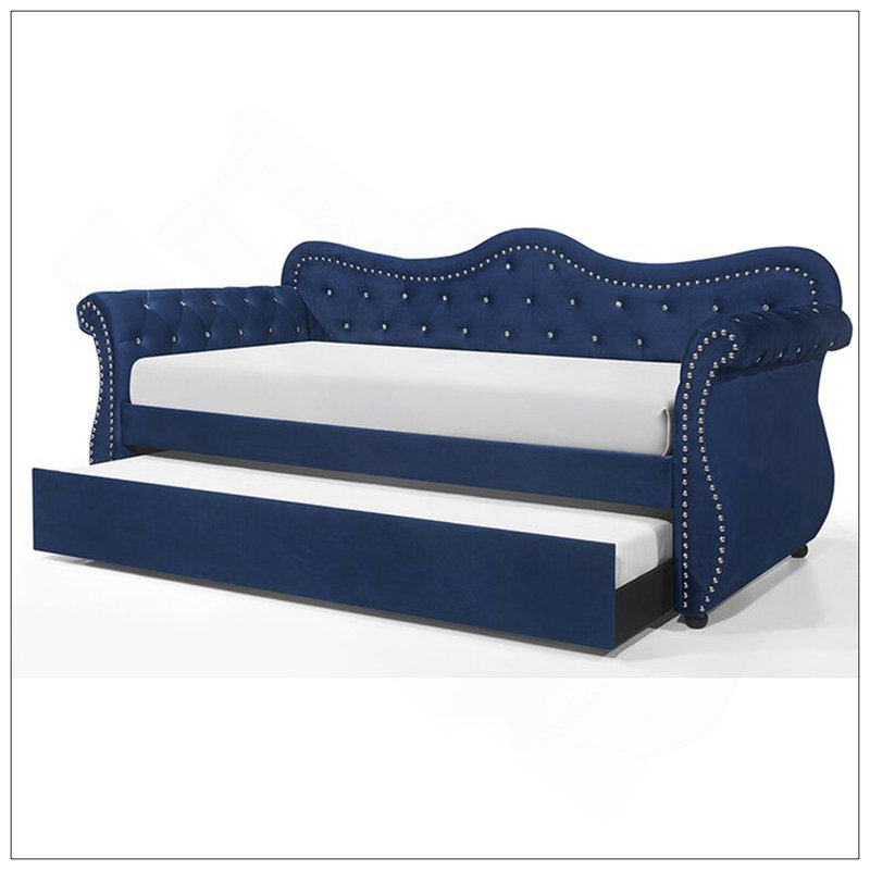 Lit de jour rembourré en velours luxueux avec couchette, structure en bois durable et capitonnage en cristal élégant pour une élégance moderne.