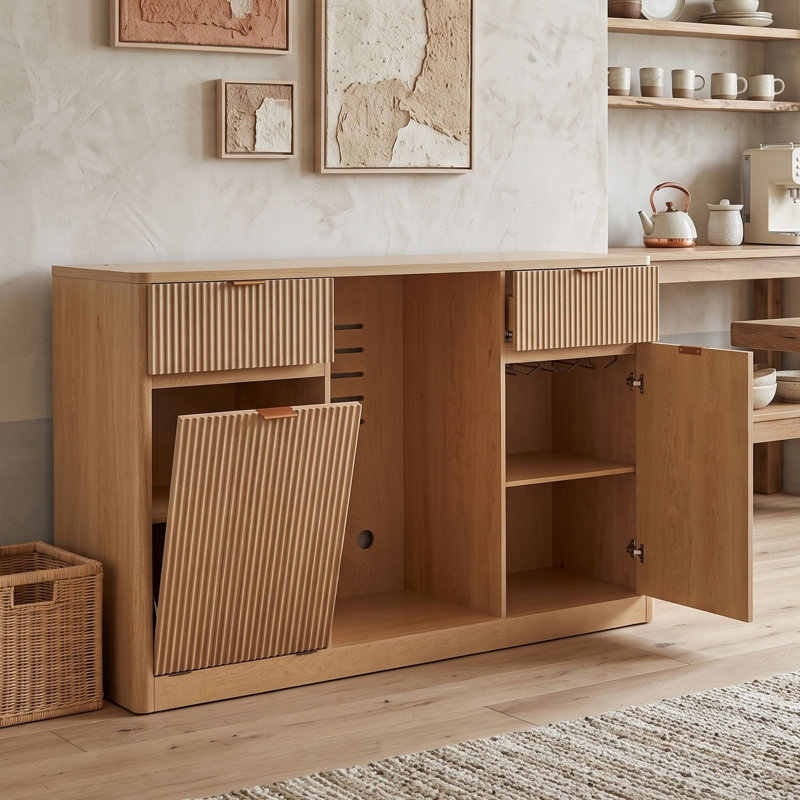 Meuble-bar 2 pièces avec rangement modulaire, prise électrique intégrée et espace pour mini-réfrigérateur, Chêne naturel
