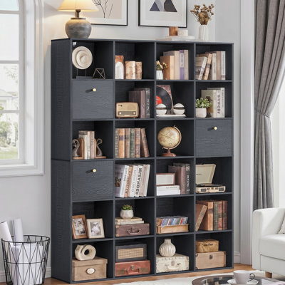 Tablette de rangement 70 x 70 pouces avec 24 cubes et 3 tiroirs en tissu, bibliothèque en bois rustique noir et vitrine pour bureau, chambre à coucher, salon et bureau, individuel