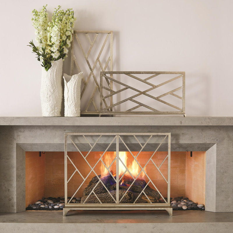 Chinoise Fret Fireplace Screen, Nickel