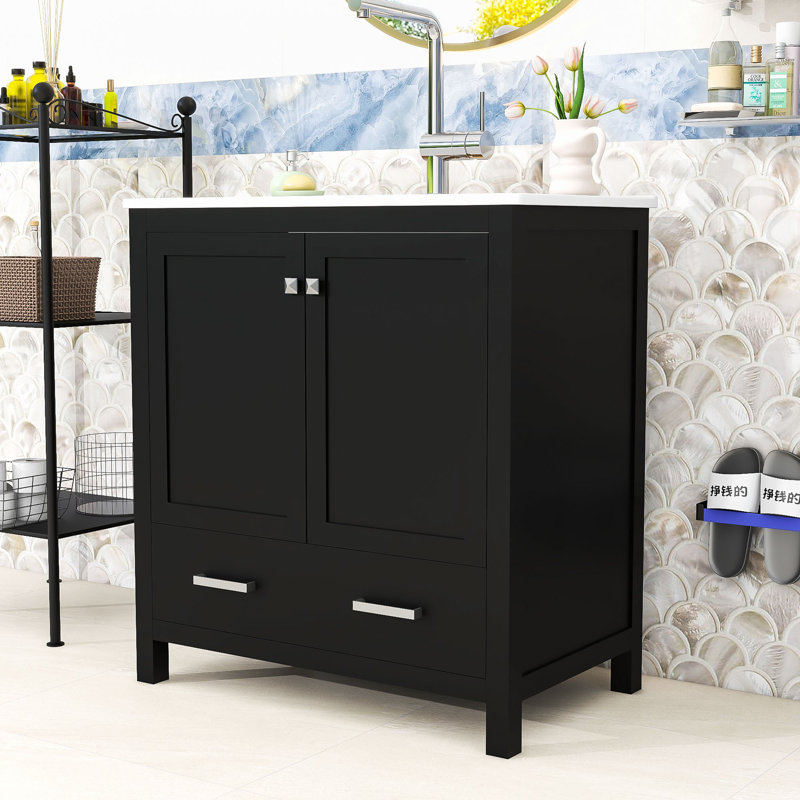 Ordonez Wooden Freestanding Single Bathroom Vanity with Ceramic Sink, Soft Close Doors and Ample Storage, Black